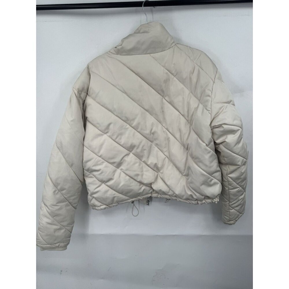Zara Puffer Jacket Women Medium Beige Cropped Preppy Minimalist Full Zip - Picture 2 of 13